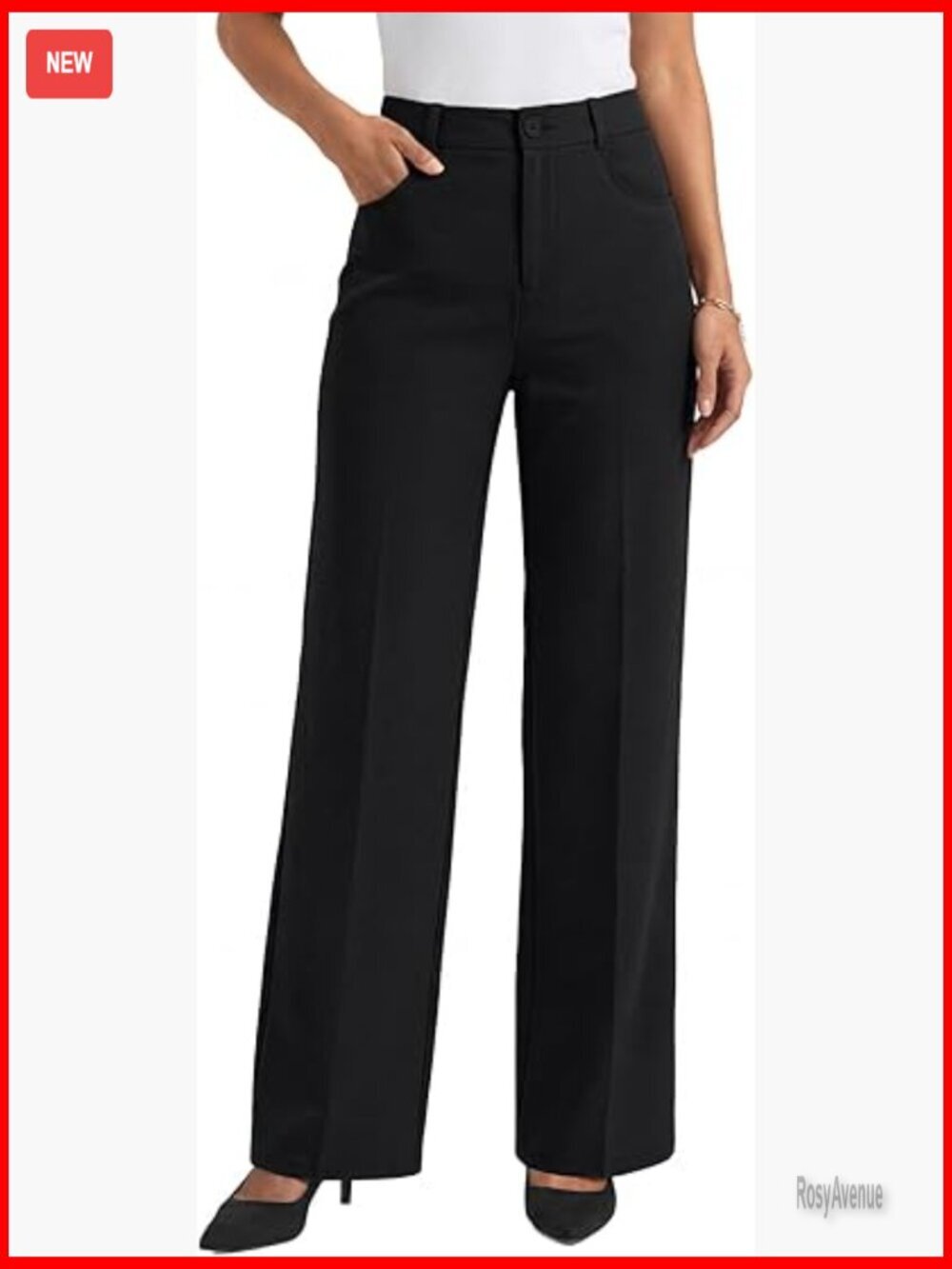 High Waisted Straight Leg Work Pants with Pockets, Stretchy Polyester Blend